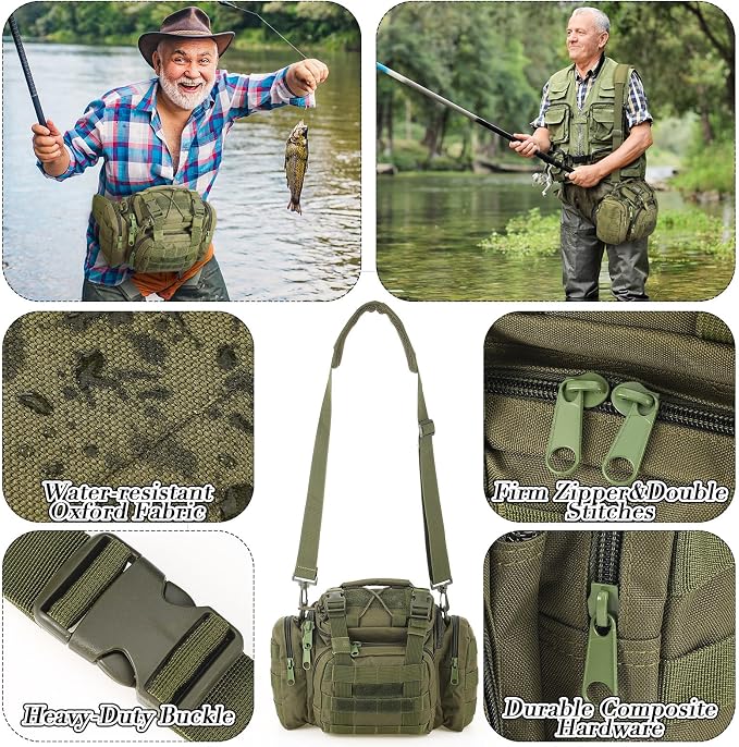 Sosation 482 Pcs Gifts for Men Fishing Gear Equipment Sling Tackle Bag for Father Day Lightweight Fishing Backpack Tackle Box Included Fish Hook Remover Tool Lures Lip Gripper(Military Green)