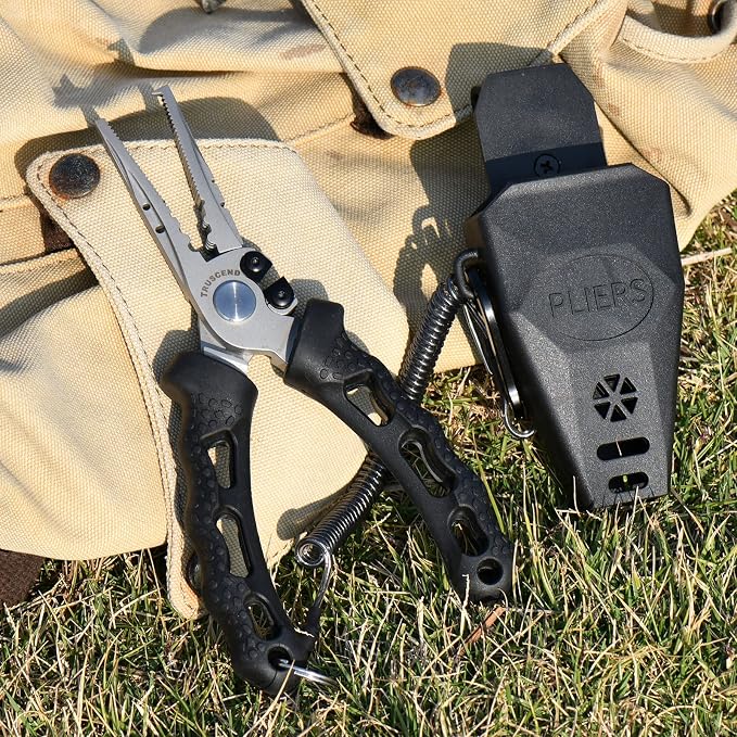 TRUSCEND Easy Use Lockable Fishing Pliers with Tungsten Carbide Cutter, Innovative Ergonomic Handy Handle, Saltwater Corrosion Resistant Teflon Coated Fishing Tool, Light Multi-Function Fishing Gear