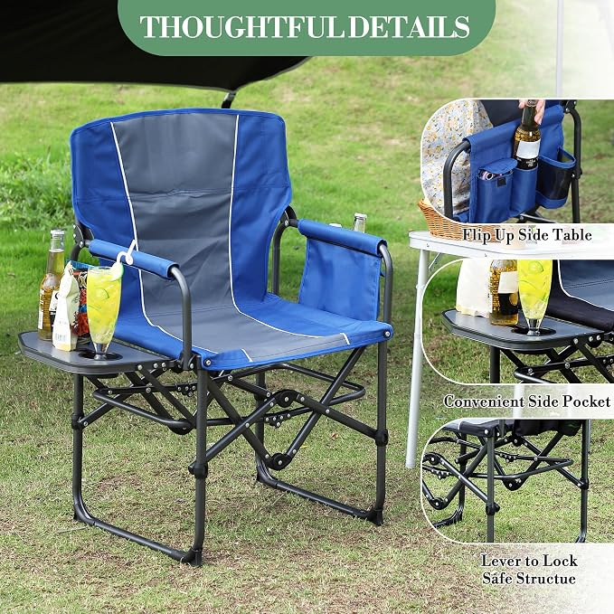 Oversized Camping Directors Chair, Portable Folding Lawn Chairs for Adults Heavy Duty with Side Table, Outdoor Foldable Camp Chair with Pocket for Beach, Fishing,Picnic (2, Blue/Grey, Oversized)