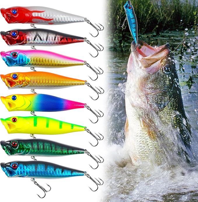 OROOTL Fishing Popper Lures, 8pcs Topwater Fishing Lures Hard Baits Lifelike Swimbait with Treble Hook Poppers for Bass Trout Walleye Pike Panfish Freshwater Saltwater