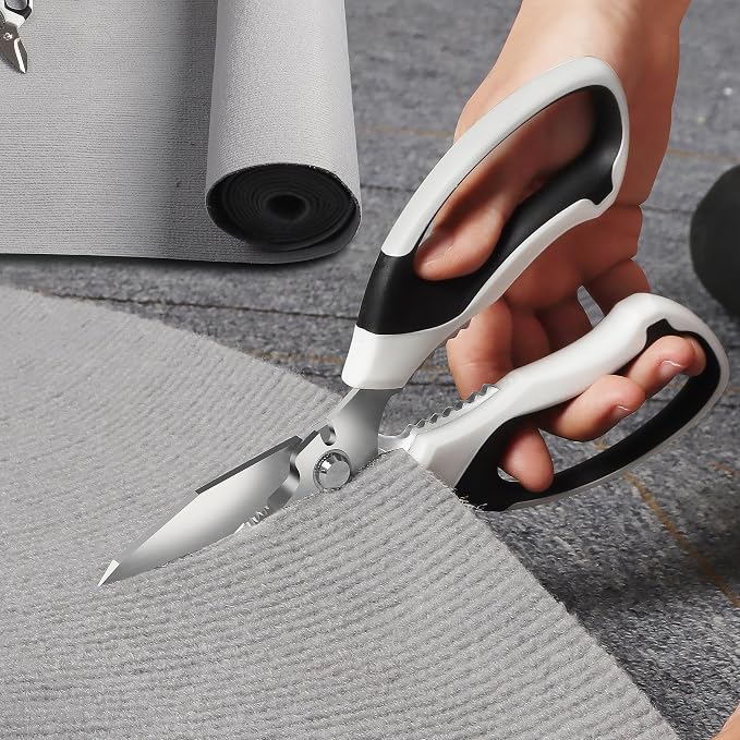 BoFuYuan 8-Inch Utility Scissors All Purpose Heavy Duty, Serrated Blade, White Comfort Grip for Cutting Carpet, Cardboard, Leather, Fabric, Multipurpose Sharp Shears for Kitchen, Garden, Office, Carft