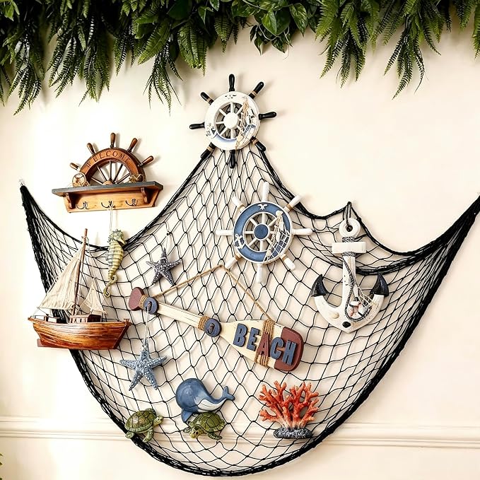 Decorative Fishing Net 80x40 Inch, Patioland 2 Pack Large Black Picture Fish Net, Wall Photo Hanging Fishnet for Nautical Mermaid Pirate Ocean Themed Hawaii Beach Under The Sea Party Decorations