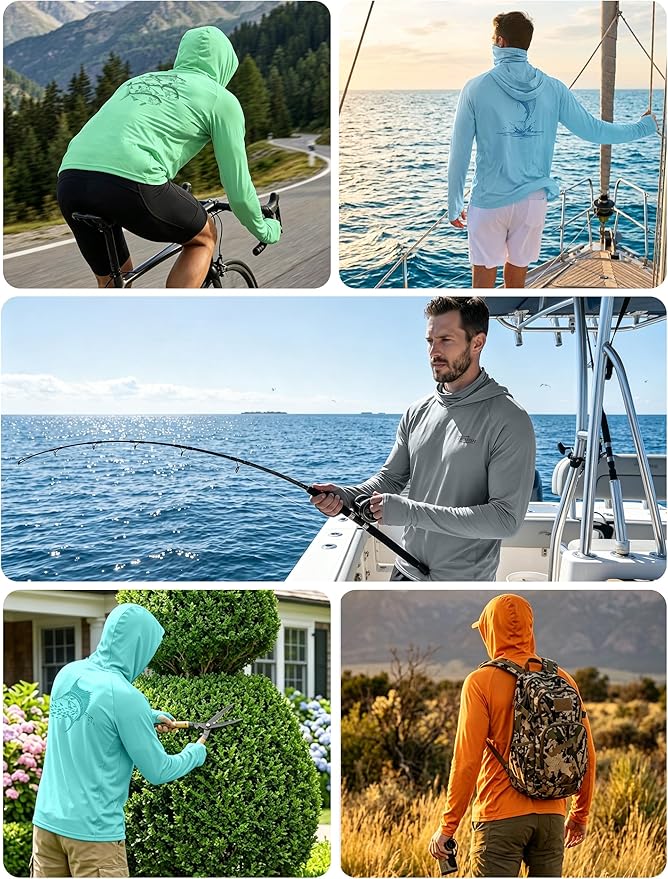 Men's UPF 50+ Long Sleeve Fishing Hoodie, UV Protection Sun Shirt with Hood Mask, Hooded Graphic Shirts for Outdoor