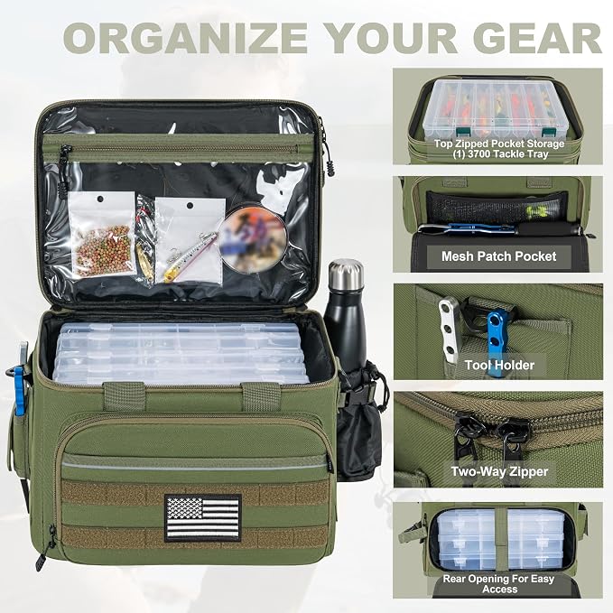 Fishing Tackle Bags, 19L Waterproof Tackle Box Organizer Shoulder Storge for Saltwater & Freshwater Fly Fishing Gear and Equipment, holds 3400-3600 Size Tackle Boxes (Bag Only, Green)