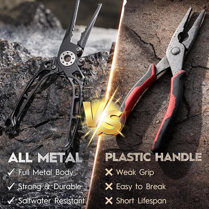 BASICGEAR Pro Fishing Pliers, 17-4PH Stainless Steel, 8", Saltwater Resistant, Braid Cutter, Split Ring Tool, Gunmetal Gray