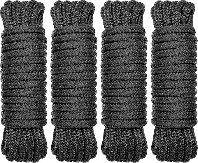 4 Pack 1/2" x 25' Dock Lines - Marine Grade Nylon Boat Rope with 12" Loop for Docking and Mooring - Double Braided Boat Lines, High Strength, Easy Handling, Fray Resistant - Black