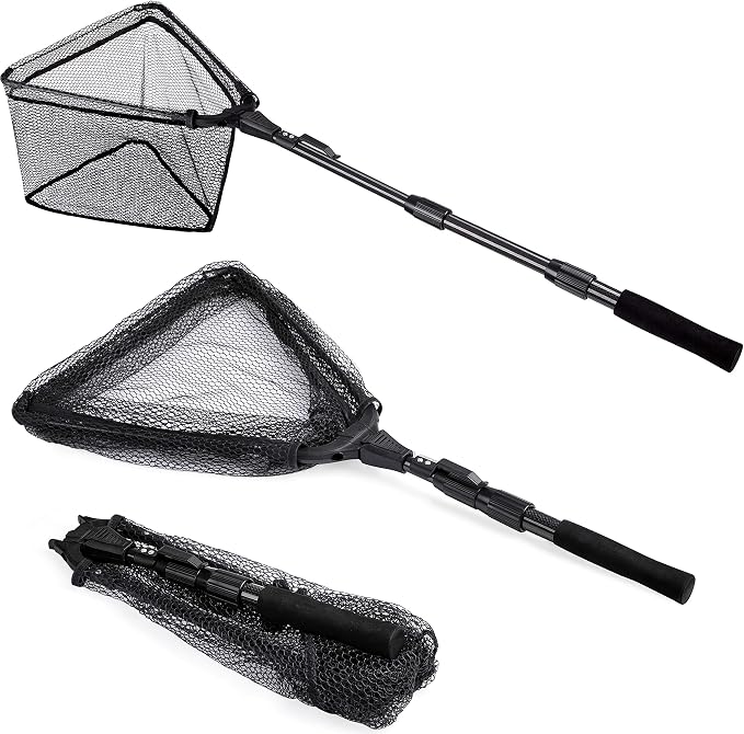 PLUSINNO Fishing Net Fish Floating Landing Net, Kayak Nets with Fixed Foldable Telescopic Pole Handle, Bass Trout Fishing Nets with Nylon Mesh for Pond Lake River, Fishing Gear Gifts for Men Anglers