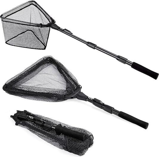 PLUSINNO Fishing Net Fish Floating Landing Net, Kayak Nets with Fixed Foldable Telescopic Pole Handle, Bass Trout Fishing Nets with Nylon Mesh for Pond Lake River, Fishing Gear Gifts for Men Anglers