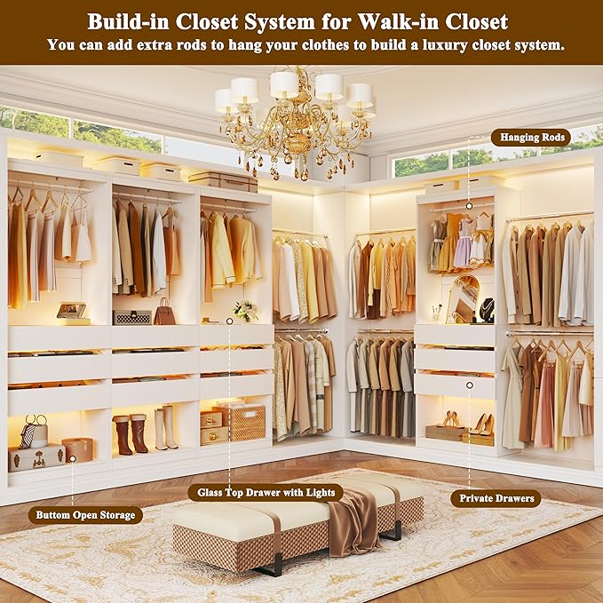 Freestanding Closet System Set of 2, 4FT Closet Organizer System with 6 Wood Drawers & Glasstop, 48" Closet Systems with Hanging Rod & LED Light, Heavy Duty Walk-in Closet, White(48"L x 16" W x 80" H)