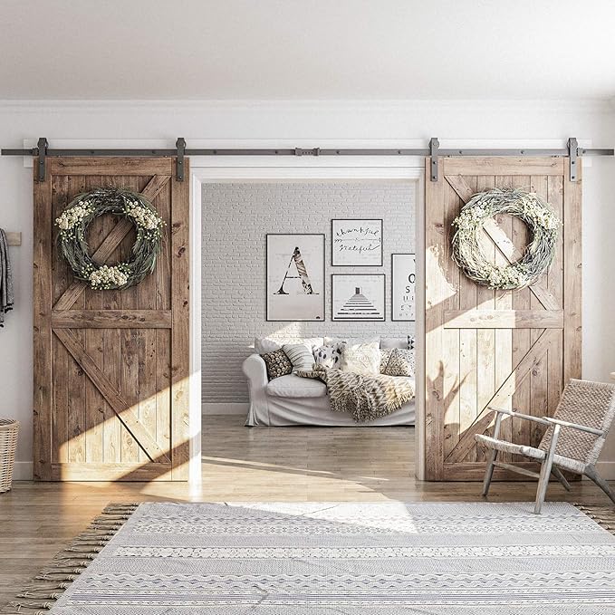 SMARTSTANDARD 13 FT Double Barn Door Hardware Kit, Sliding Door Track-Smoothly and Quietly -Includes Detailed Installation Fit 36"-40" Wide Door Panel(J Shape Hanger) Black