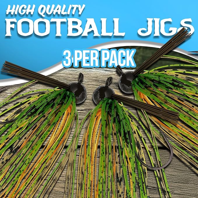 Reaction Tackle Football Jigs for Bass Fishing - Weedless Bait Design/Foot Ball Jig Head/Fishing Lures and Silicone Skirt - Also Pike, Walleye and Muskie and More (3-Pack)