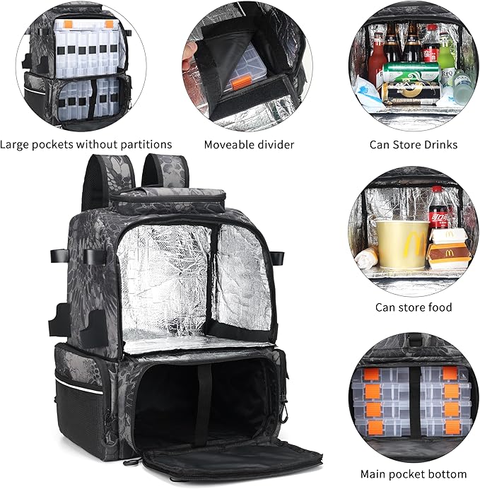 Rabjen Fishing Tackle Backpack, 45L Storage Waterproof Travel Bag Store Fishing Gear with Insulated Top Pocket