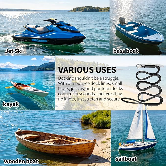 Bungee Dock Line with Stainless Steel Clip Boat Rope Mooring String with Foam Float for Docking,Kayak,Watercraft,SeaDoo,Pontoon,Canoe,Power Boat Accessory,7-10ft（Black,with One Hook）