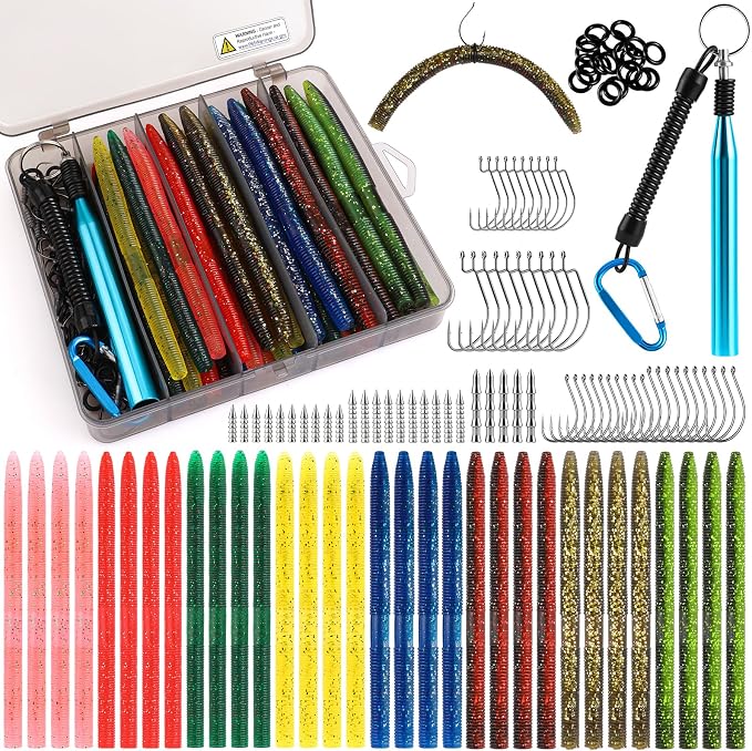 TOPFORT Fishing Lures, Bass Fishing Kit with Wacky Worm, Fishing Worms for Bass Fishing, Soft Plastic Baits with Hooks, Weights, Fishing Accessories, Fishing Gear Fishing Gifts for Men with Tackle Box