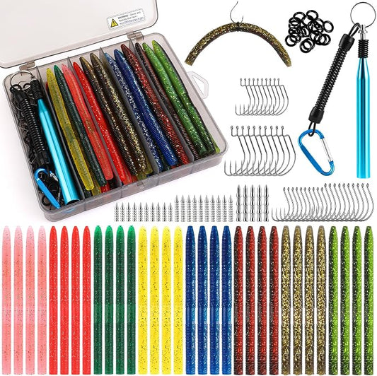 TOPFORT Fishing Lures, Bass Fishing Kit with Wacky Worm, Fishing Worms for Bass Fishing, Soft Plastic Baits with Hooks, Weights, Fishing Accessories, Fishing Gear Fishing Gifts for Men with Tackle Box