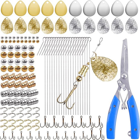 Fishing Spinner Lure Making Kit, 141pcs DIY Spoon Rigs Spinnerbaits Acceessoires with Plier Spinner Blade Clevis Treble Hooks Beads Spinner Making Supplies Tackle