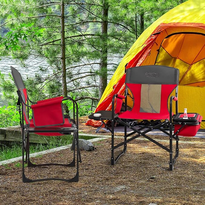 COSTWAY Folding Camping Chair, Heavy-Duty Director Chair Supports 400lbs for Adults with Side Table, Cooler Bag, Storage, Strap, Portable Makeup Chair Suitable for Fishing Picnic