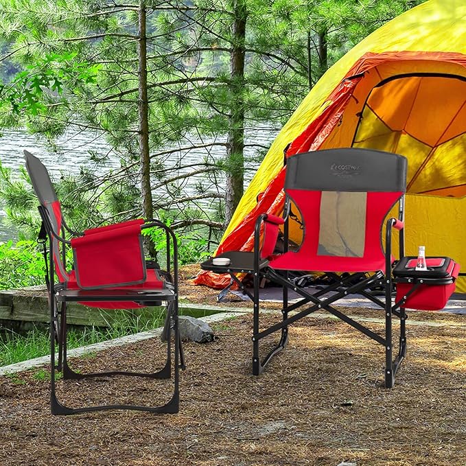 COSTWAY Folding Camping Chair, Heavy-Duty Director Chair Supports 400lbs for Adults with Side Table, Cooler Bag, Storage, Strap, Portable Makeup Chair Suitable for Fishing Picnic