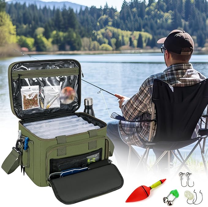 Fishing Tackle Bags, 19L Waterproof Tackle Box Organizer Shoulder Storge for Saltwater & Freshwater Fly Fishing Gear and Equipment, holds 3400-3600 Size Tackle Boxes (Bag Only, Green)