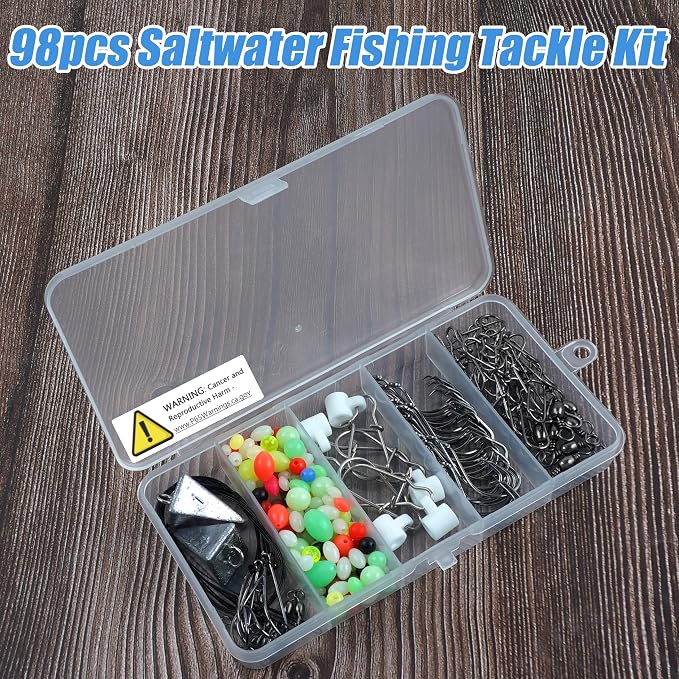 Saltwater Surf Starter Fishing Tackle Kit - 98pcs Surf Fishing Rig Fish Finder Rig Live Bait Rigs Pyramid Weights Fishing Hooks Swivels Sinker Slider Surf Begginner Fishing Tackle Accessories