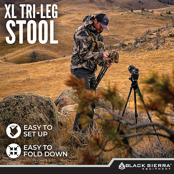 Black Sierra Folding Hunting Stool with Shoulder Strap, Lightweight Collapsible Tripod Seat, Steel Frame Supports 225 lbs, Portable Foldable Chair for Hunting Blind, Fishing, Hiking, Travel