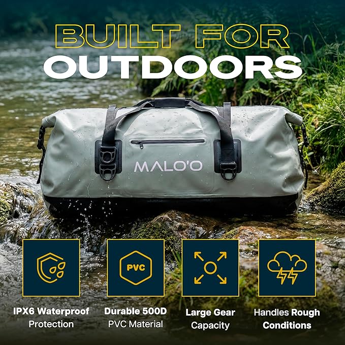 Malo’o Waterproof Dry Duffel, Heavy-Duty Roll Top Waterproof Gear Bag with Shoulder Strap & Molle Loops, Marine Duffel for Kayaking, Boating, Camping, Beach & Travel, Grey, 100L