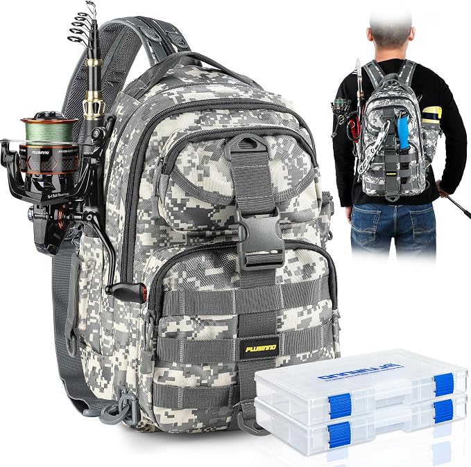 PLUSINNO Fishing Backpack Tackle Bag, Water-Resistant Backpack with Rod Holder, Ideal Gifts for Men