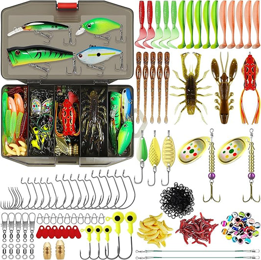 TRUSCEND Complete Fishing Lures - Tackle Box with Tackle Included - Crankbaits, Minnows, Frogs, Vibes, Poppers, Spinners, Spoons, Soft Baits, Hooks & Weights Accessories Kit for Bass Panfish Trout