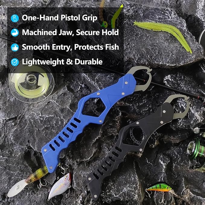 Eupheng Aluminum Pistol-Grip Fish Lip Gripper, One-Hand Operation Lightweight Fish Grabber Tool, Catfish Grippers Pliers for Lure Fishing and Kayak Fishing Accessories