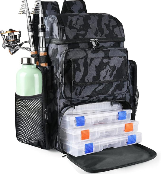 Fishing Tackle Backpack With Rod Holders, 45L Large Tackle Bag & Fishing Tackle Backpack for Fishing, Camping, Hiking,Camouflage