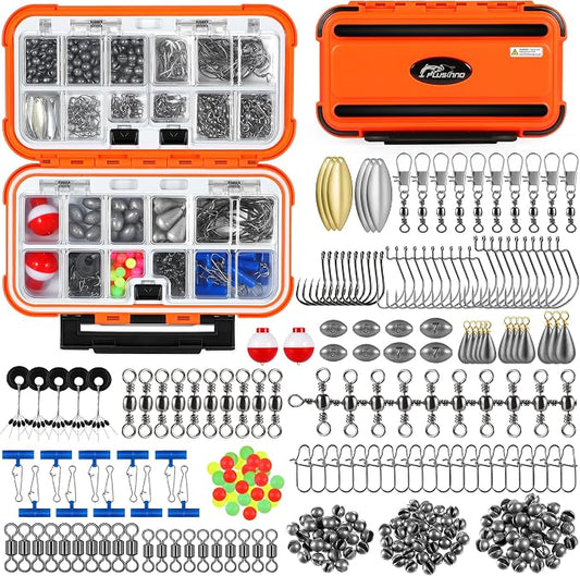 PLUSINNO 253/387pcs Fishing Gear Accessories Kit, Fishing Tackle Box with Tackle Included, Fishing Hooks, Fishing Weights Sinkers, Spinner Blade, Fishing Equipment for Bass Trout Bluegill Crappie