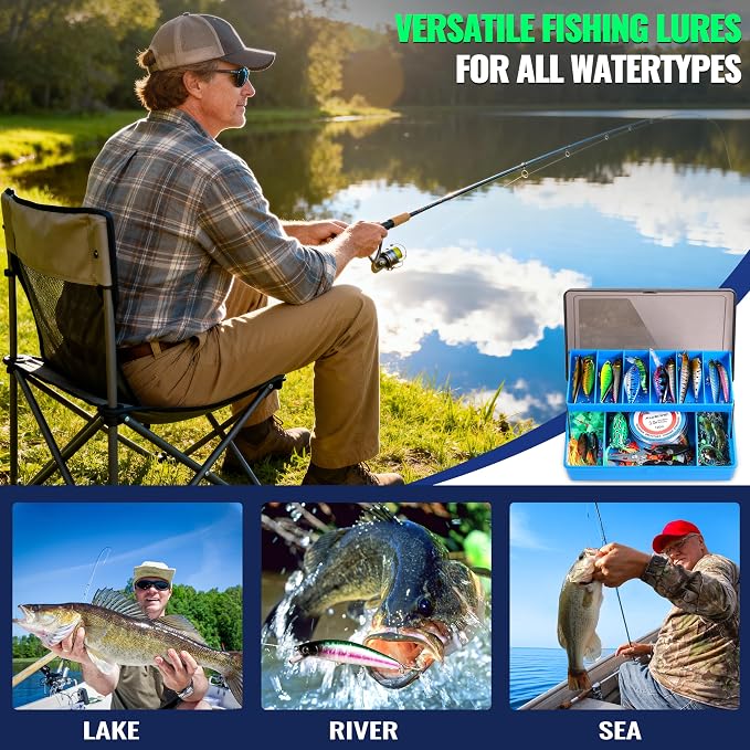 PLUSINNO Fishing Lures Fishing Tackle Box Fishing Gifts for Men, Bass, Trout Fishing Accessories Kit for Saltwater & Freshwater Fishing Gear Including Topwater Lures, Hooks, Spinnerbaits