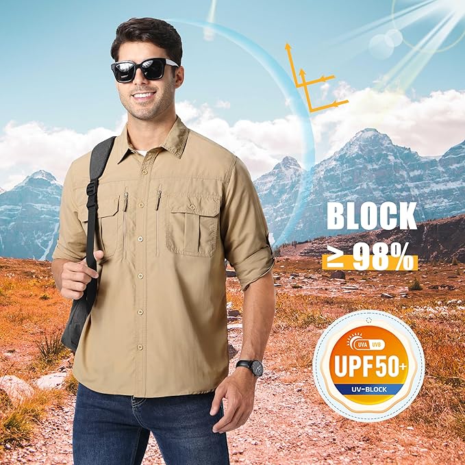 MAGCOMSEN Men's UPF 50+ Sun Protection Shirts, Button Down Long Sleeve Shirt for Hiking, Fishing, Safari