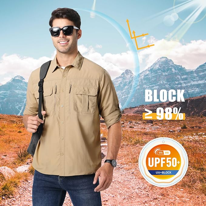 MAGCOMSEN Men's UPF 50+ Sun Protection Shirts, Button Down Long Sleeve Shirt for Hiking, Fishing, Safari