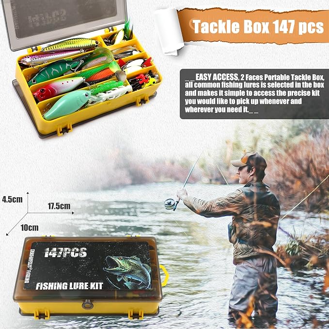 EXAURAFELIS Fishing Lures,Tackle Box with Tackle Included, Crankbaits, Spoon, Shrimp Worm Bait, Hooks,Weights & Other Accessories, Fishing Lures kit Lure Set for Bass Trout Salmon