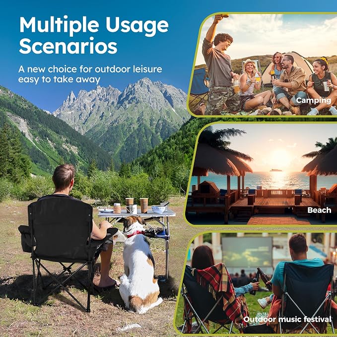 ALPHA CAMP 2-Pack Camping Chair with Cooler Bag, Heavy Duty 250lbs Capacity Folding Chair with Lumbar Support & Side Pocket, Portable Quad Chairs for Beach Fishing Tailgating & Sideline Sport