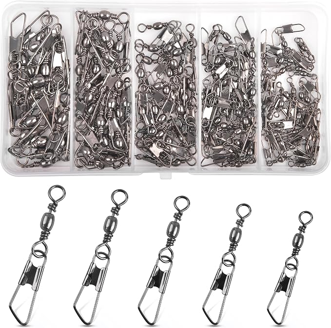 SILANON Fishing Barrel Swivel with Safety Snap,145/160pcs High Strength Fishing Snap Swivels Stainless Steel Line Connector Saltwater Fishing Tackle Accessories