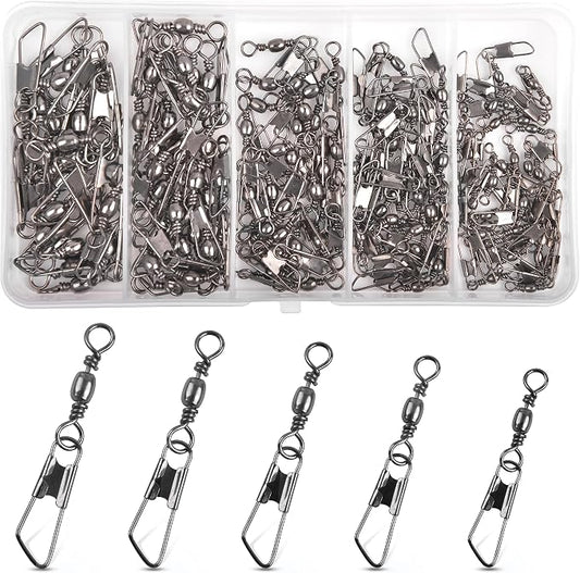 SILANON Fishing Barrel Swivel with Safety Snap,145/160pcs High Strength Fishing Snap Swivels Stainless Steel Line Connector Saltwater Fishing Tackle Accessories