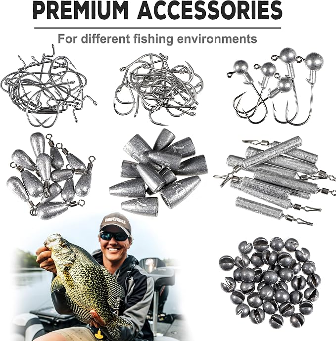 PLUSINNO 253/387pcs Fishing Gear Accessories Kit, Fishing Tackle Box with Tackle Included, Fishing Hooks, Fishing Weights Sinkers, Spinner Blade, Fishing Equipment for Bass Trout Bluegill Crappie