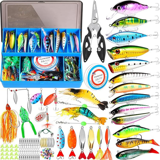PLUSINNO Fishing Lures Fishing Tackle Box Fishing Gifts for Men, Bass, Trout Fishing Accessories Kit for Saltwater & Freshwater Fishing Gear Including Topwater Lures, Hooks, Spinnerbaits