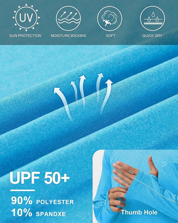 Roadbox Mens UPF 50+ Fishing Shirts, Long Sleeve UV Sun Hoodie, Hiking Running Swim Athletic Workout Shirt
