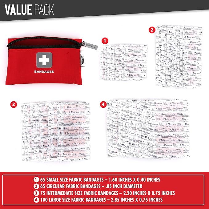 Thrive Fabric Adhesive Bandages Variety Pack - Zipper Pouch for Travel First Aid Kit - Waterproof & Latex-Free for Camping First Aid Kit - Multi-Size Strips for Medkit - Pack of 305, Red