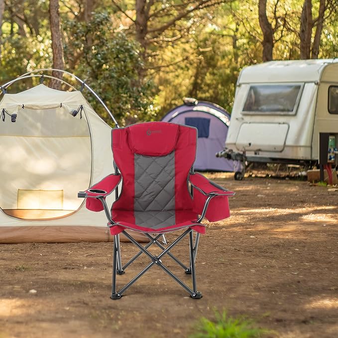 ARROWHEAD OUTDOOR Portable Deluxe Folding Camp Quad Chair w/Headrest, Glass & Cup Holders, Armest 6-can Cooler, Heavy Duty Carry Bag, 550 lbs Weight Capacity