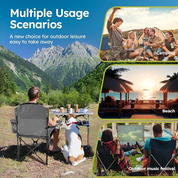 ALPHA CAMP 2-Pack Camping Chair with Cooler Bag, Heavy Duty 250lbs Capacity Folding Chair with Lumbar Support & Side Pocket, Portable Quad Chairs for Beach Fishing Tailgating & Sideline Sport