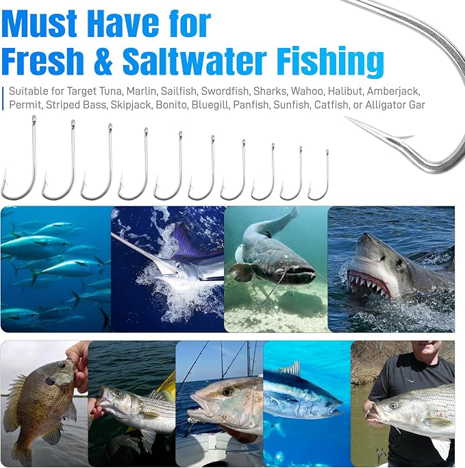 Saltwater Fishing J Hooks,35pcs O'Shaughnessy Forged Extra Strong Stainless Steel 34007 Trolling Long Shank Fishing Hooks for Sea Bass Striper Bluefish Catfish Snapper Saltwater Freshwater Fishing