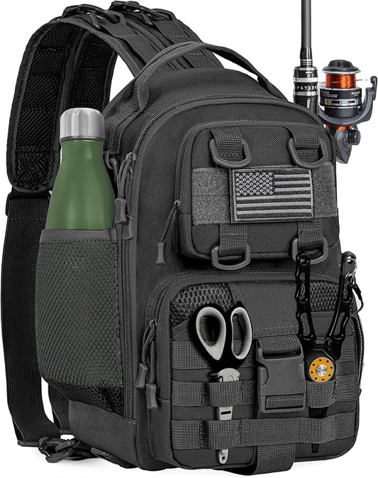 GMAK Fishing Backpack Tackle Sling Bag, Tactical Fishing Tackle Backpack with Rod & Gear Holder, Lightweight Outdoor Water-Resistant Tackle Gear Pack Shoulder Bags for Men Women, Black