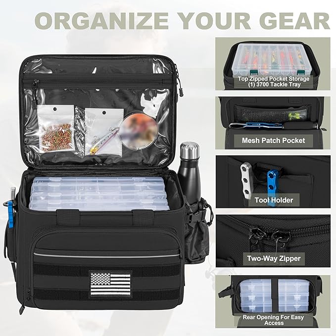 Fishing Tackle Bags, 19L Waterproof Tackle Box Organizer Shoulder Storge for Saltwater & Freshwater Fly Fishing Gear and Equipment, holds 3400-3600 Size Tackle Boxes (Bag Only, Black)