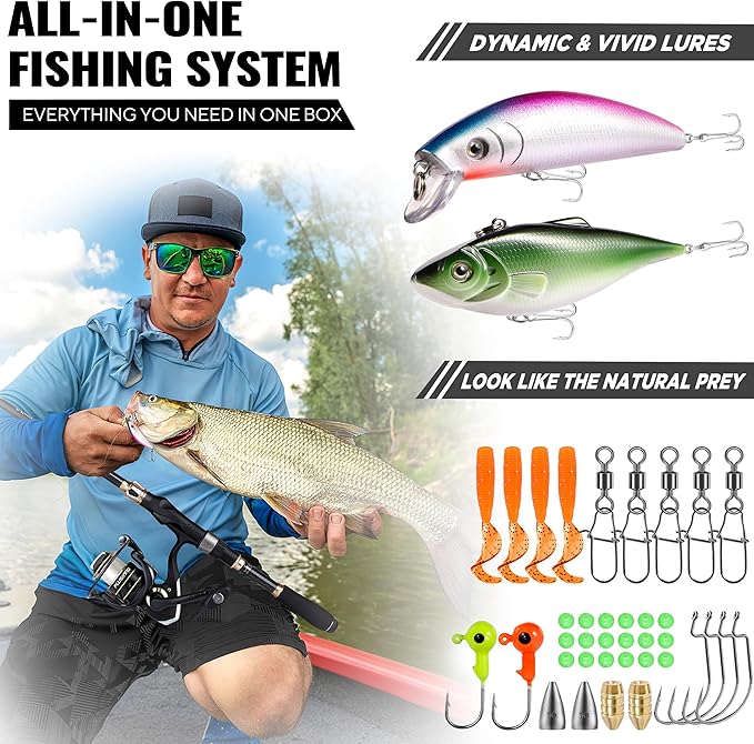PLUSINNO Fishing Rod and Reel Combo, Telescopic Fishing Pole Kit with Spinning Reel, Tackle Box, Fishing Lures and Travel Carrying Bag, Fishing Gear Gifts for Men