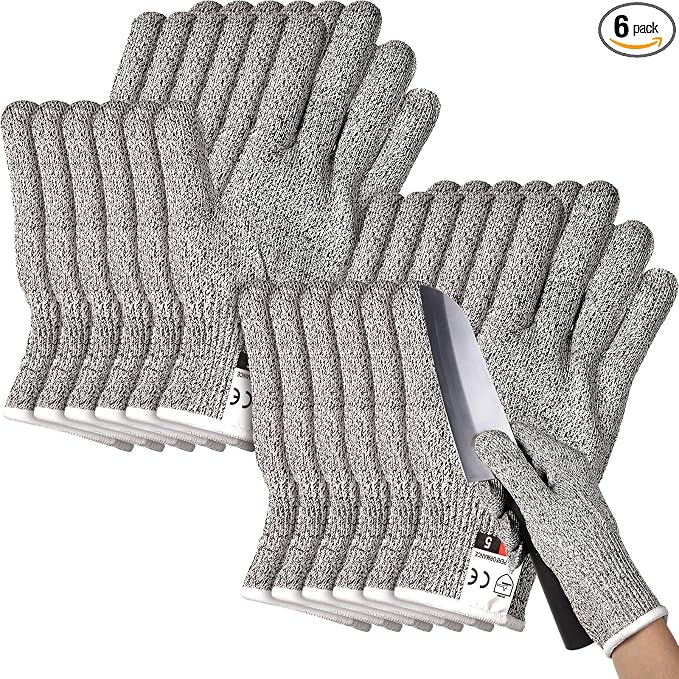 Potchen 6 Pairs Cut Resistant Gloves Level 5 Protection Cutting Safety Kitchen Anti Cut Gloves for Kitchen Fish and More (X-Large)