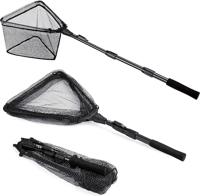 PLUSINNO Fishing Net Fish Floating Landing Net, Kayak Nets with Fixed Foldable Telescopic Pole Handle, Bass Trout Fishing Nets with Nylon Mesh for Pond Lake River, Fishing Gear Gifts for Men Anglers